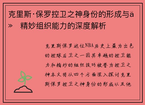 克里斯·保罗控卫之神身份的形成与他精妙组织能力的深度解析