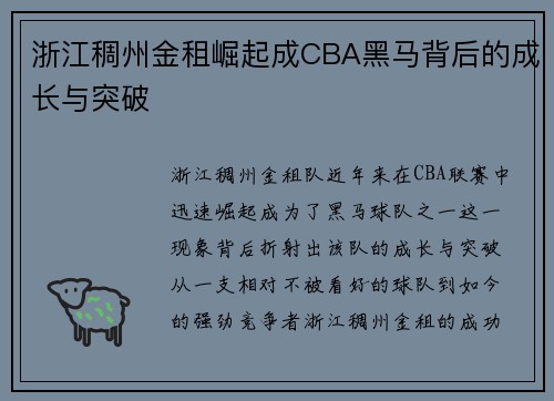 浙江稠州金租崛起成CBA黑马背后的成长与突破